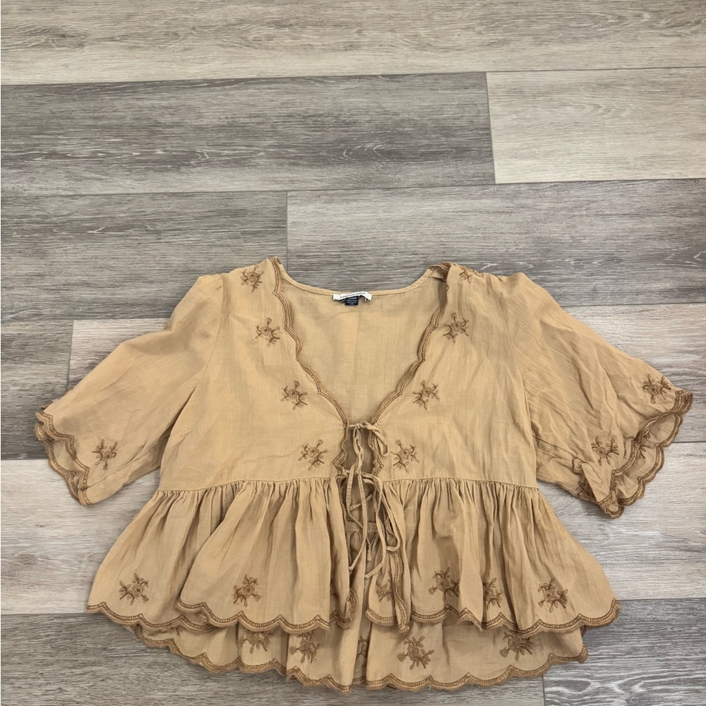 American Eagle Outfitters Brown Embroidered Blouse